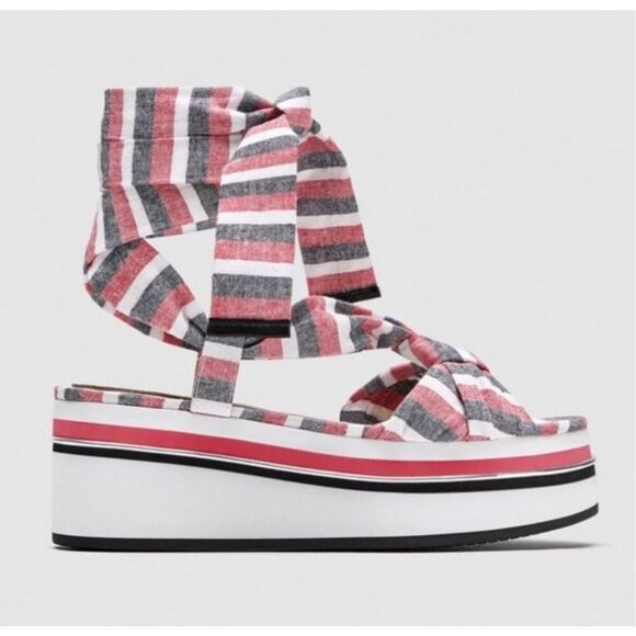 Zara red, white, and blue ribbon tie platform sandal size 39 - Picture 1 of 8